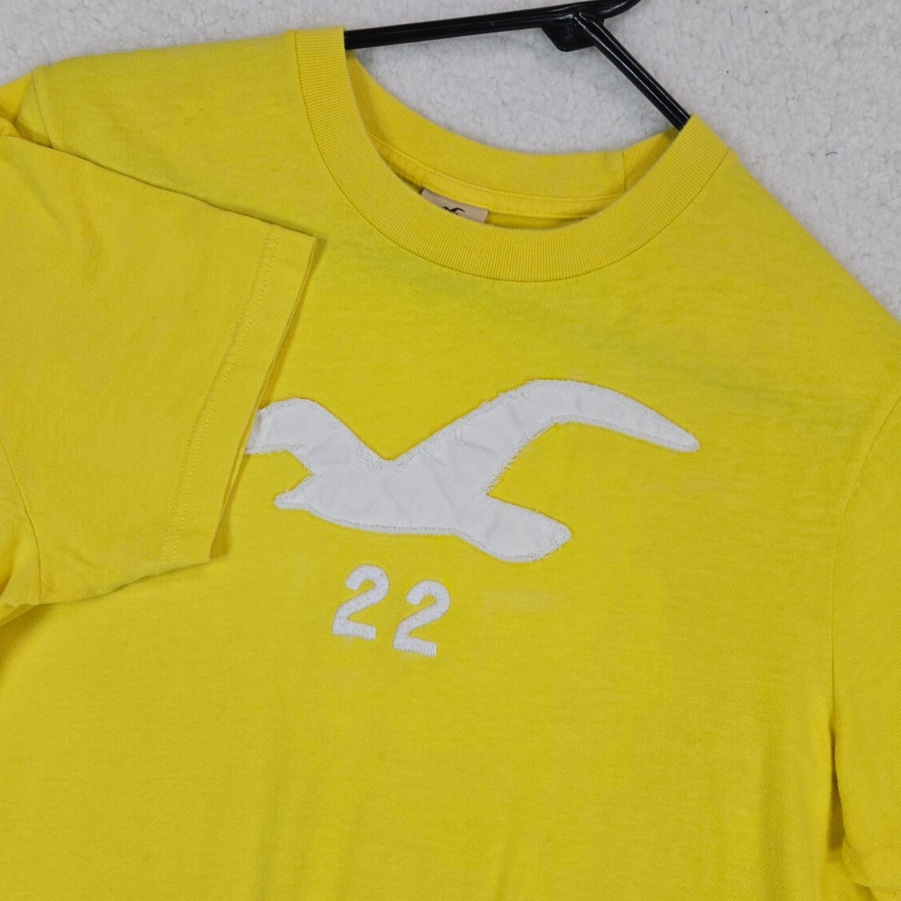 Hollister Mens T Shirt Large Yellow Applique Seagull 22 Logo Surf Y2K Graphic L